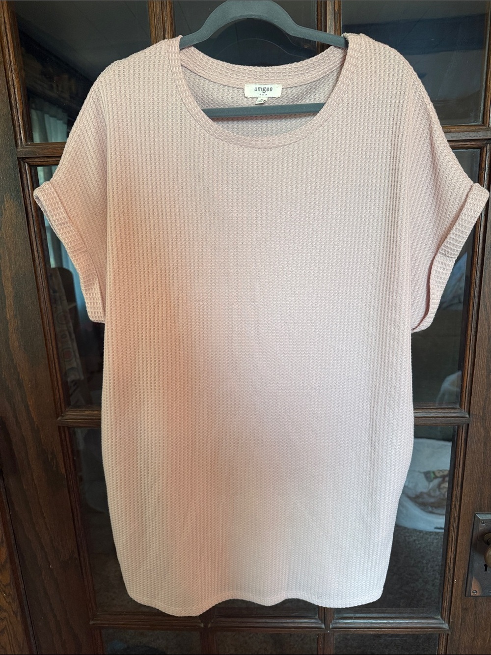 Umgee USA Womens Pink Waffle Knit Cuffed Short Sleeve Relaxed Top G2229 Medium